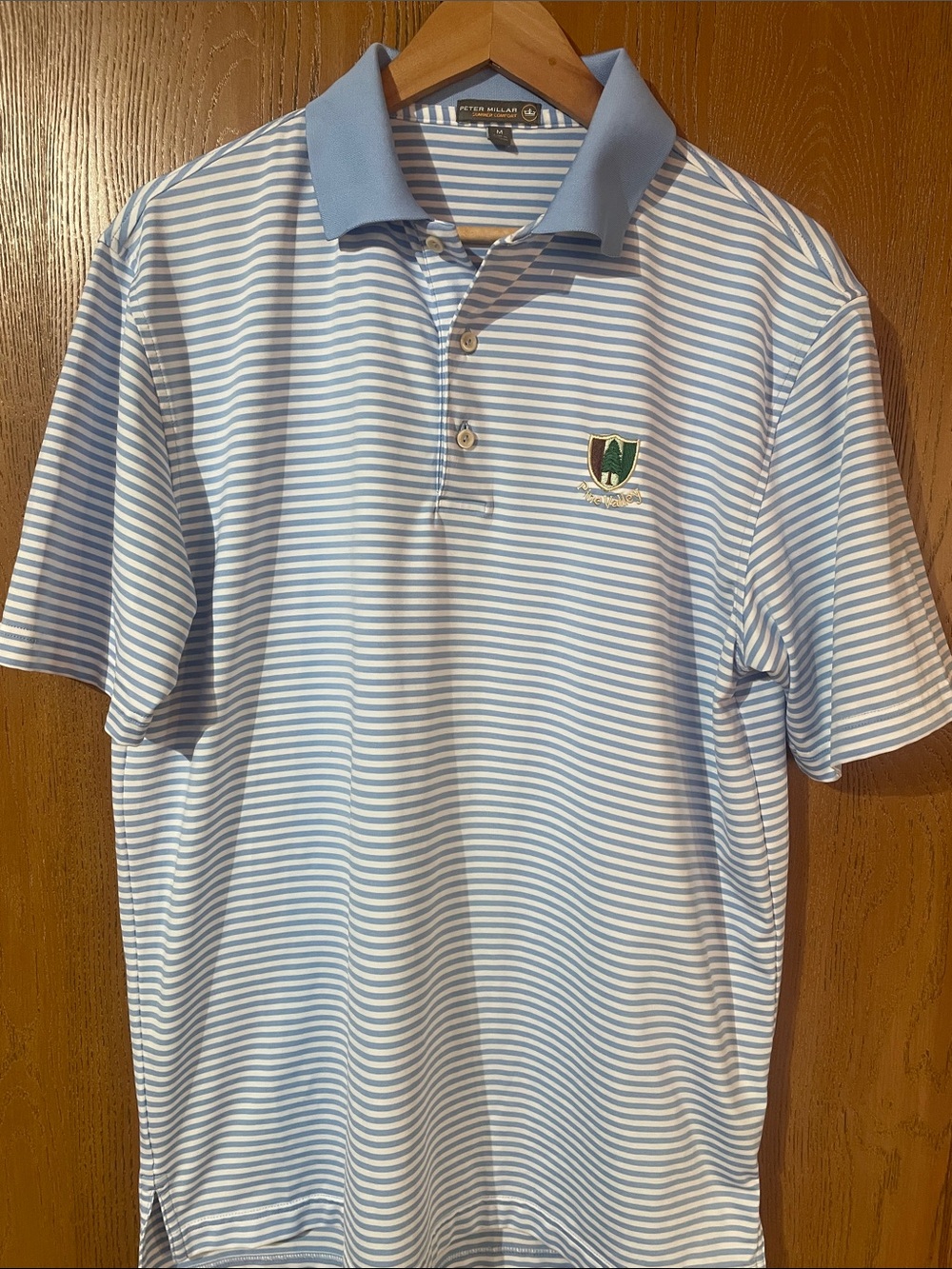 Peter Millar Light Blue and White Striped Polo with Pine Valley Crest
